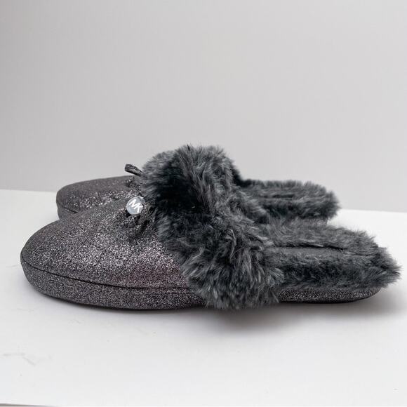 Michael Kors Slippers Fur Glitter Gunmetal Silver Size 6/7 - Picture 3 of 6